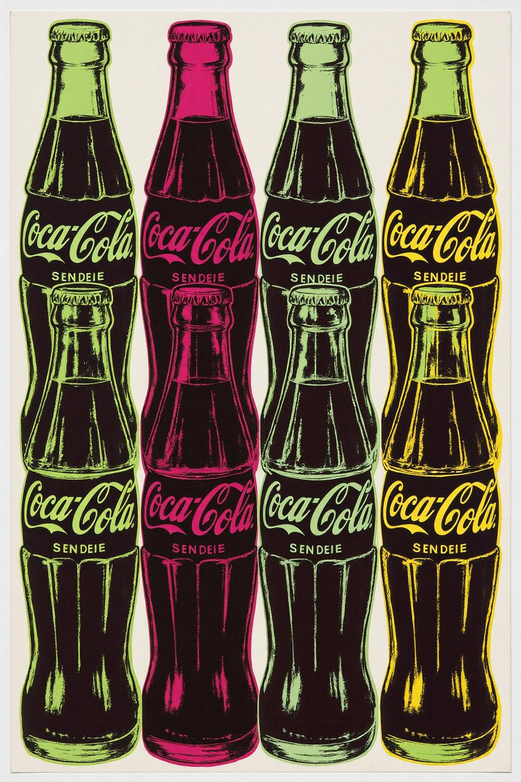 andywarhol1 illustration. A grid of Coca-Cola glass bottles, each rendered in bright Pop Art colors — neon green, hot pink, bright yellow — with thick black outlines and flat shading. The bottles are slightly misaligned, emphasizing the mass-produced consumerism theme <lora:andywarhol1_cap_d6a3:1.0><lora:836640534119572140:0>