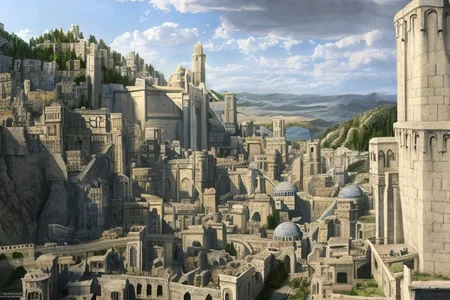 (masterpiece:1.2), (best quality,:1.2), 8k, HDR, ultra detailed, ((photorealistic)), professional light, cinematic lighting, fashion photography, ambient lighting, atmospheric effects, Numenor, an impressive fortress in a big medieval fantasy city on a mountain, high towers, high walls, <lora:Numenor-10:1>, in the style of Middle Earth, Tolkien, Minas Tirith, epiCPhoto