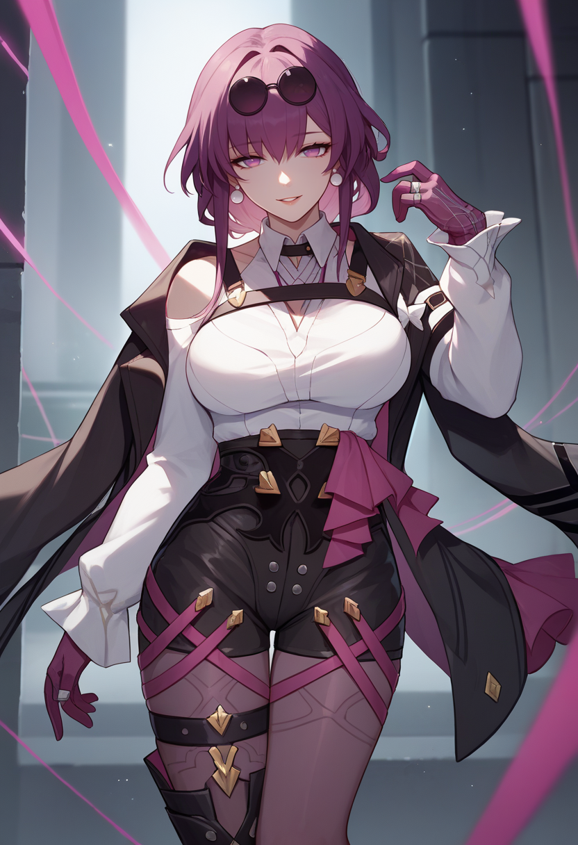 score_9, score_8_up, score_7_up, source_anime BREAK 1girl, solo, <lora:kafka-hsr-richy-v1_pdxl:1> kfka, purple eyes, purple hair, bangs, sidelocks, eyewear on head, pearl earrings, white shirt, collared shirt, bare shoulders, long sleeves, black jacket, jacket on shoudlers, harness, large breasts, purple gloves, rings, black shorts, high-waist shorts, purple thigh straps, pantyhose, single thigh boot, parted lips, smile, looking at viewer