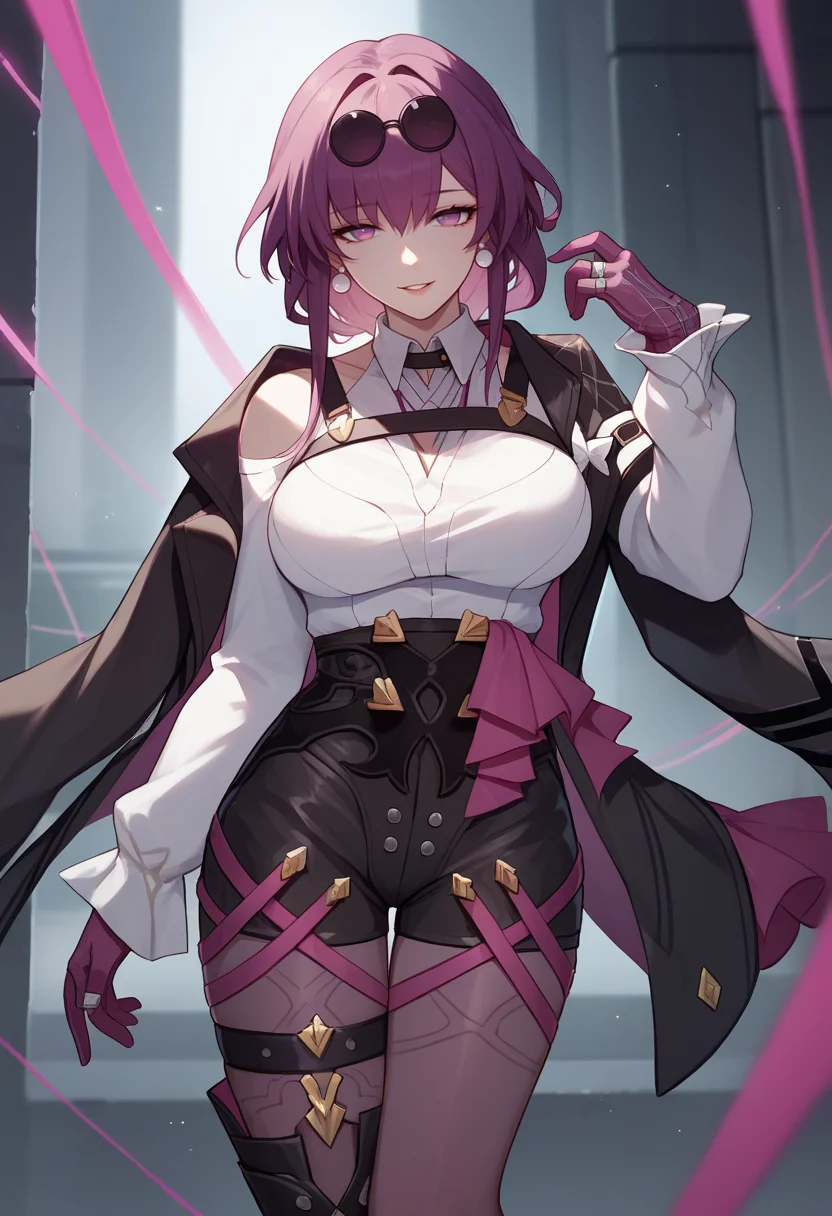 score_9, score_8_up, score_7_up, source_anime BREAK 1girl, solo, <lora:kafka-hsr-richy-v1_pdxl:1> kfka, purple eyes, purple hair, bangs, sidelocks, eyewear on head, pearl earrings, white shirt, collared shirt, bare shoulders, long sleeves, black jacket, jacket on shoudlers, harness, large breasts, purple gloves, rings, black shorts, high-waist shorts, purple thigh straps, pantyhose, single thigh boot, parted lips, smile, looking at viewer