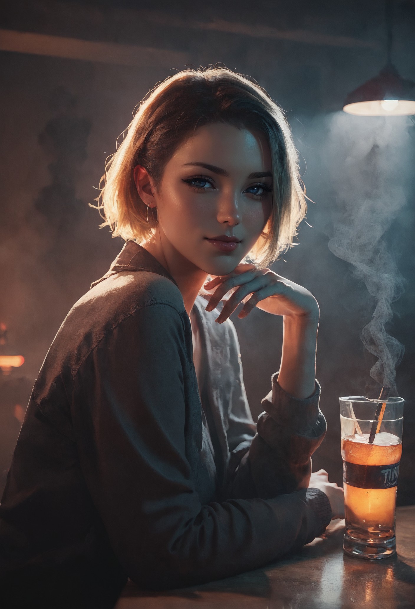 score_9, score_8_up, score_7_up,  1girl, naughty, portrait, sitting on bar, looking at viewer, smirk, blush, short blonde hair  <lora:pony/twilight_style:0.8> <lora:pony/vixon_dramatic_lighting:0.7> 43stl1ght1ng, low light, dramatic lighting, darkness, smoke
