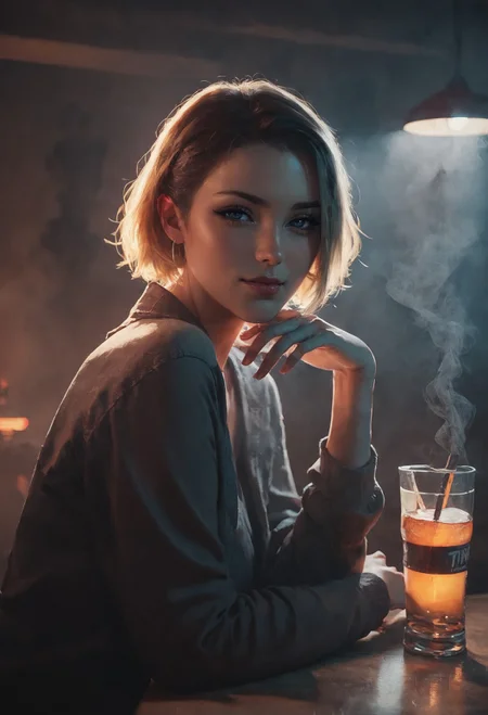 score_9, score_8_up, score_7_up, 1girl, naughty, portrait, sitting on bar, looking at viewer, smirk, blush, short blonde hair <lora:pony/twilight_style:0.8> <lora:pony/vixon_dramatic_lighting:0.7> 43stl1ght1ng, low light, dramatic lighting, darkness, smoke