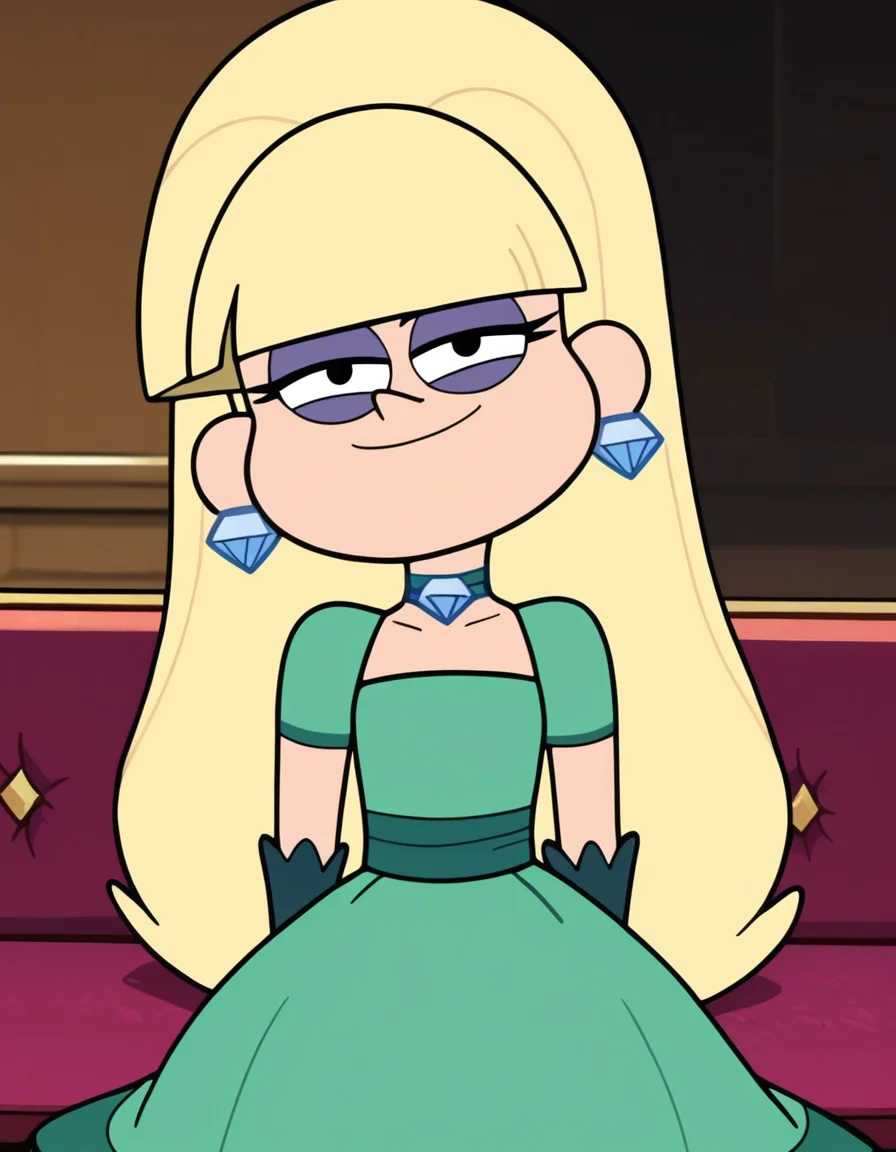 looking at viewer, solo, smug, sitting, <lora:Pacifica_Northwest_Gravity_Falls_Pony:1> , pacificagf, long hair, blonde hair, blunt bangs, eyelashes, black eyes, purple eyeshadow,
single diamond earrings, diamond_choker, green dress, green gloves,