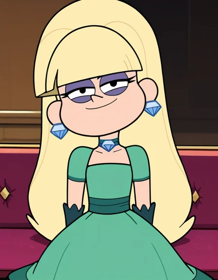 looking at viewer, solo, smug, sitting,  <lora:Pacifica_Northwest_Gravity_Falls_Pony:1> , pacificagf, long hair, blonde hair, blunt bangs, eyelashes, black eyes, purple eyeshadow, 
single diamond earrings, diamond_choker, green dress, green gloves, 