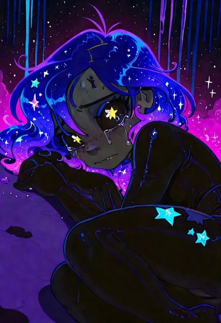 1 girl , laying on side , crying , galaxy skin ,galaxy eye , black sclera ,teary eye ,star tear , looking at viewer , sadness , eyelashes , black body ,galaxy hair , cosmic hair ,
masterpiece, best quality, good quality, newest, highres, absurdres, Ethereal Brushstroke, Flat vector illustration, h4ra_illu ,