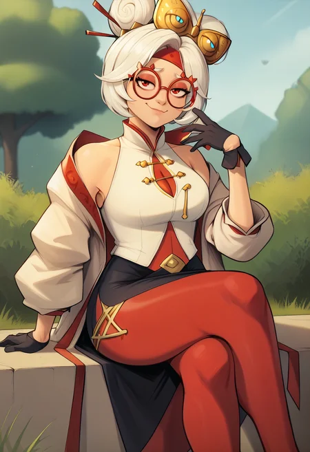 score_9, score_7_up BREAK 1girl,purah.hair ornament, red headband, red glasses, sleeveless shirt, white coat, black skirt, red leggings, gloves,smug,closed mouth,outdoors,sitting,crossed legs,thick thighs    <lora:purah-pdxl-nvwls-v1:0.8>  <lora:dhs_pd:1>
