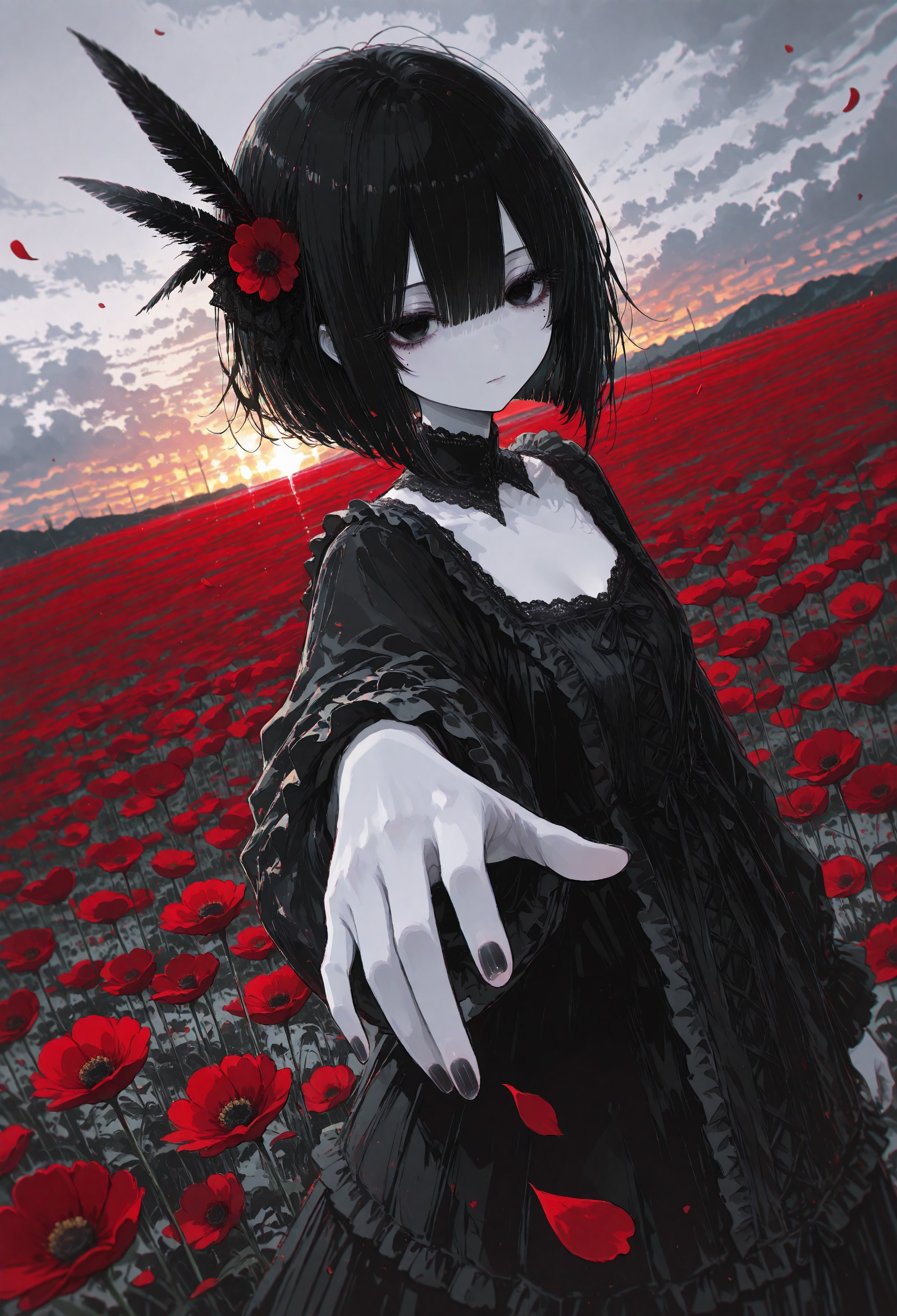 incredibly absurdres, highres, masterpiece, newest,best quality, very aesthetic, absurdres, newest, 8k, HDR, focused subject, oc-chan_(ketopon), 1girl, solo, looking at viewer, bob cut, bangs, black hair, solid black eyes, detailed eyes, eyelashes, makeup, hair between eyes, mole under eye, frilled gown, gothic fashion, detached collard, lace trim, square neckline, expressionless, reaching towards viewer, foreshortening, open hand, fingernails, nail polish, sunset, feather hair ornament,cloudy sky, wind, messy hair, pale skin, field, flower field, red flower,poppy flower, backlighting, dutch angle, chromatic aberration, petals, flowing petals, too many petals, flower theme,limited palette,chromatic aberration,fine art, depth of field,perspective,scenery,15546+456868, r17329_illu,