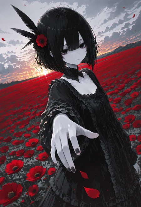 incredibly absurdres, highres, masterpiece, newest,best quality, very aesthetic, absurdres, newest, 8k, HDR, focused subject, oc-chan_(ketopon), 1girl, solo, looking at viewer, bob cut, bangs, black hair, solid black eyes, detailed eyes, eyelashes, makeup, hair between eyes, mole under eye, frilled gown, gothic fashion, detached collard, lace trim, square neckline, expressionless, reaching towards viewer, foreshortening, open hand, fingernails, nail polish, sunset, feather hair ornament,cloudy sky, wind, messy hair, pale skin, field, flower field, red flower,poppy flower, backlighting, dutch angle, chromatic aberration, petals, flowing petals, too many petals, flower theme,limited palette,chromatic aberration,fine art, depth of field,perspective,scenery,15546+456868, r17329_illu,