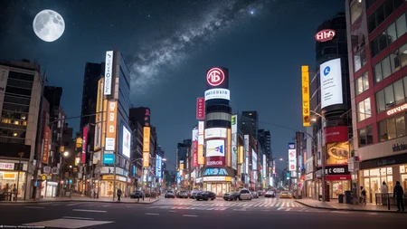 midnight shot, dark black sky,milkyway, stars, nebula:1.4, moon, H10 outside, (building:0.980), (car:0.701), (city:0.998), (city lights:0.970), (cityscape:0.978), (convenience store:0.528), (ground vehicle:0.533), (motor vehicle:0.529), (neon lights:0.857), (real world location:0.617), (road:0.944), (scenery:0.977), (shop:0.510), (sign:0.630), (skyscraper:0.985), (street:0.943), (tokyo \(city\):0.913),colorful neon lights,neon trim,(high quality, best quality, hi res),(ultimate phtoreal Concept Art)