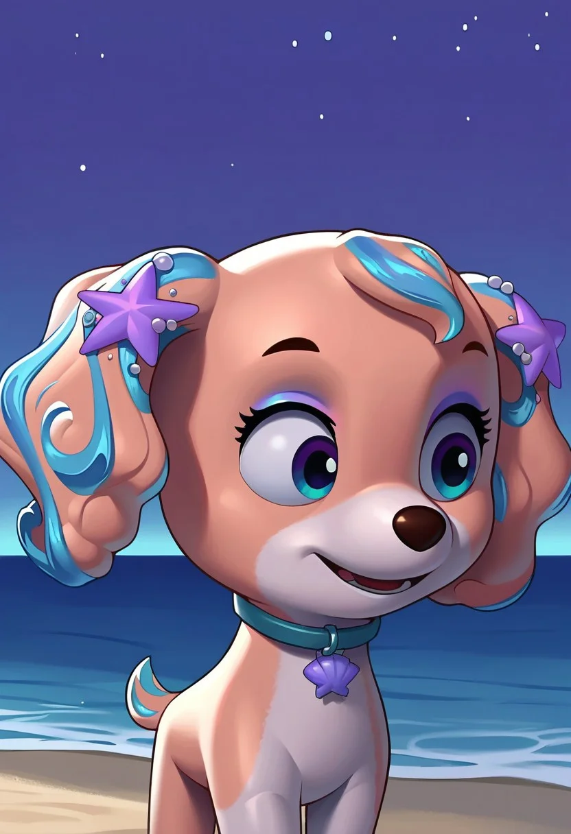 BREAK score_9, score_8_up, score_7_up, source_anime, 1girl, solo, Coral_PP, feral, dog, two-tone fur, cinnamon-white, fluffy ears, blue locks, purple stars decorations, blue eyeshadow, two-tone eyes, purple-blue, beach background, ocean, night, blue sky, moon, stars,