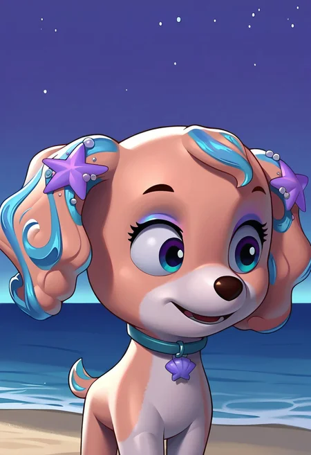 BREAK score_9, score_8_up, score_7_up, source_anime, 1girl, solo, Coral_PP, feral, dog, two-tone fur, cinnamon-white, fluffy ears, blue locks, purple stars decorations, blue eyeshadow, two-tone eyes, purple-blue, beach background, ocean, night, blue sky, moon, stars,