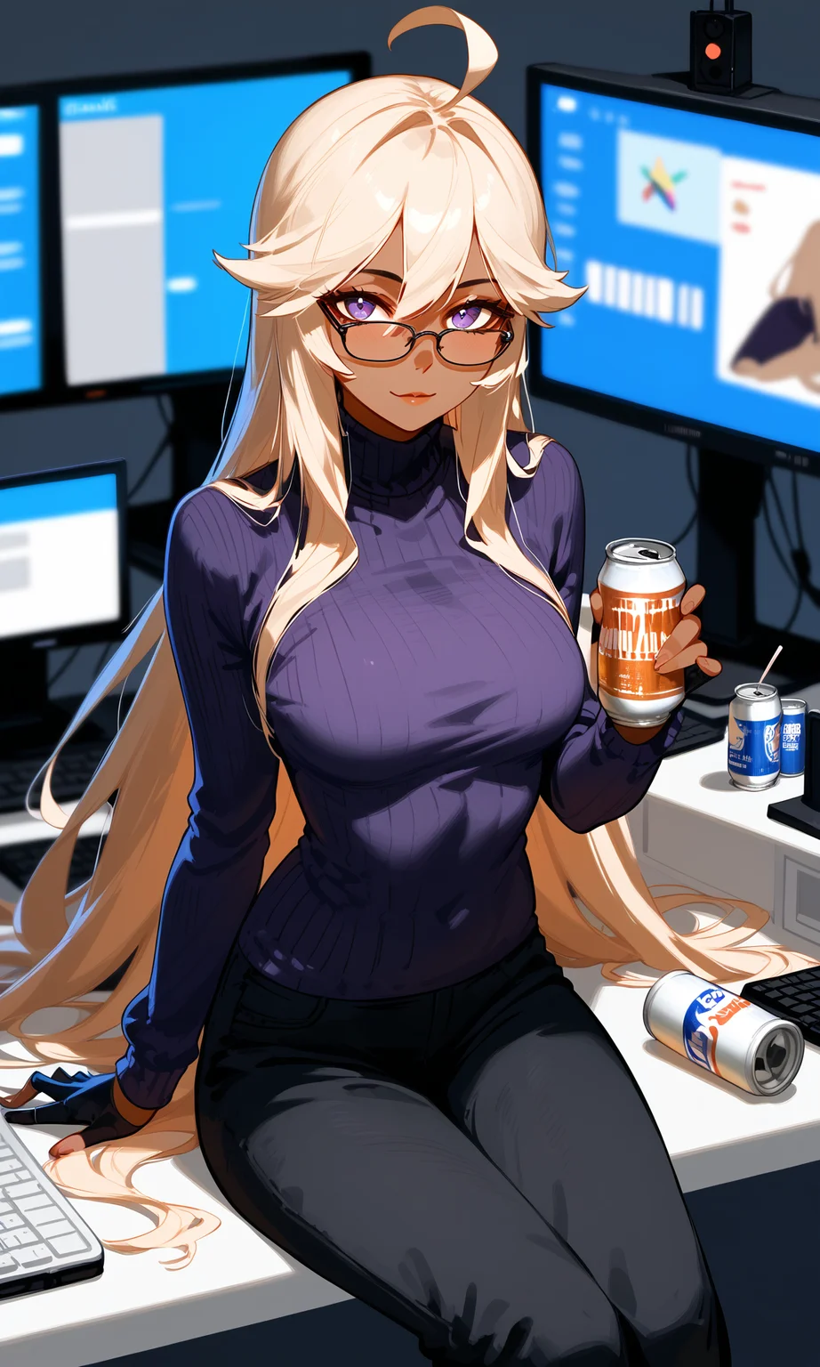 (score_9,score_8_up,score_7_up),1girl, alma armas, ahoge, (semi-rimless eyewear), purple sweater, solo, can, computer, dark skin, solo, drink can, breasts, turtleneck, beer can, turtleneck sweater, pants, sitting, holding can, black pants, gloves, looking at viewer, monitor, alcohol, <lora:VA-11 Hall-A-xl-blend-000016:0.8>