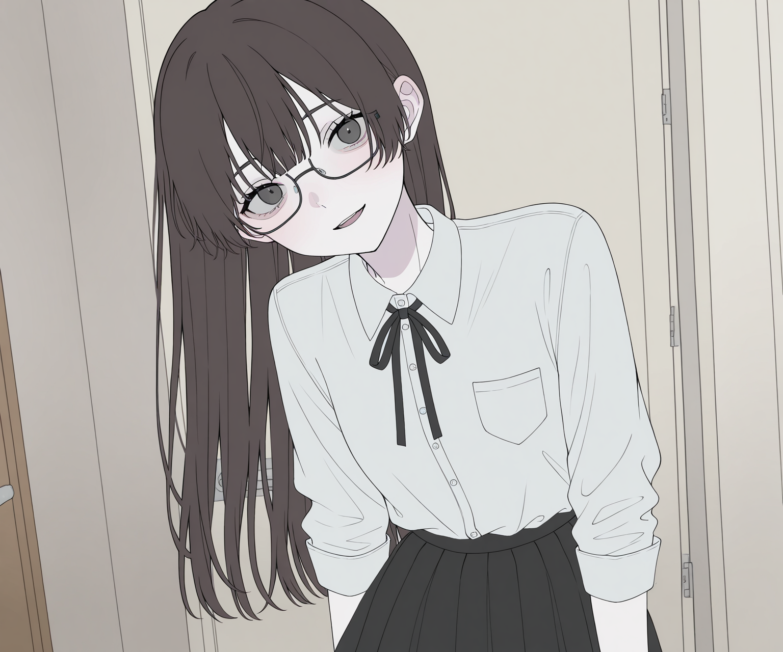 masterpiece, best quality, amazing quality, , 1girl, solo, glasses, , looking at viewer, shirt, skirt, long hair, light smile, open mouth,  <lora:Happiiakujikijp ILL-v2:1> happiiakujikijp, detailed background