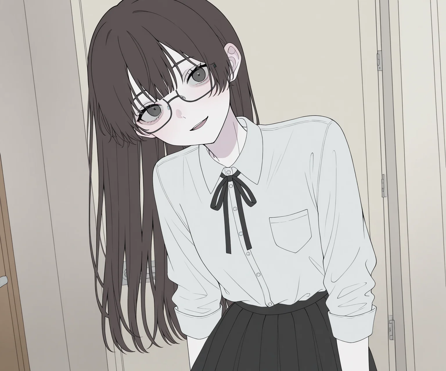 masterpiece, best quality, amazing quality, , 1girl, solo, glasses, , looking at viewer, shirt, skirt, long hair, light smile, open mouth,  <lora:Happiiakujikijp ILL-v2:1> happiiakujikijp, detailed background