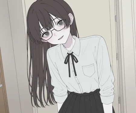 masterpiece, best quality, amazing quality, , 1girl, solo, glasses, , looking at viewer, shirt, skirt, long hair, light smile, open mouth,  <lora:Happiiakujikijp ILL-v2:1> happiiakujikijp, detailed background