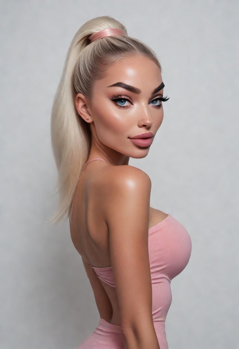 (((focus on face))), score_9, score_8_up,score_7_up, score_6_up, score_5_up, score_4_up, photograph, realistic image, close up, focus on face, (sexy woman), sexy, 1girl, slut, vulgar, seductive smile, horny,
arched back, sexual position, sexy pose, 
sexy gym clothing, pink leggings, white sneakers, standing on tipy toes, model flexes presenting her buttocks and slender legs, cleavage, ass,
bleached blonde hair, (((white hair))), hair tendrils, hair strands,
(dark tanned skin:2), oiled skin, bimbo, super narrow waist, thin, tall, slim, Hourglass silhouette, big round ass, (((super long and slim legs))), elongated legs, athletic legs, slender legs, perfect anatomy,
perfect face, beautiful eyes, blue eyes, glossy lips, eyeliner, smokey eye, cat eye, intense face contouring makeup, fake lashes, jawline,
(((white background))), (dramatic lighting:0.5), (cinematic lighting:1), (volumetric lighting:0.8), (OverallDetail:0.8)
high heels, superp0nytail,, highponytail,, top ponytail, titsonastick, titsonastick, skinny, c4mpbell,
CyberRealistic_Negative_PONY_V2