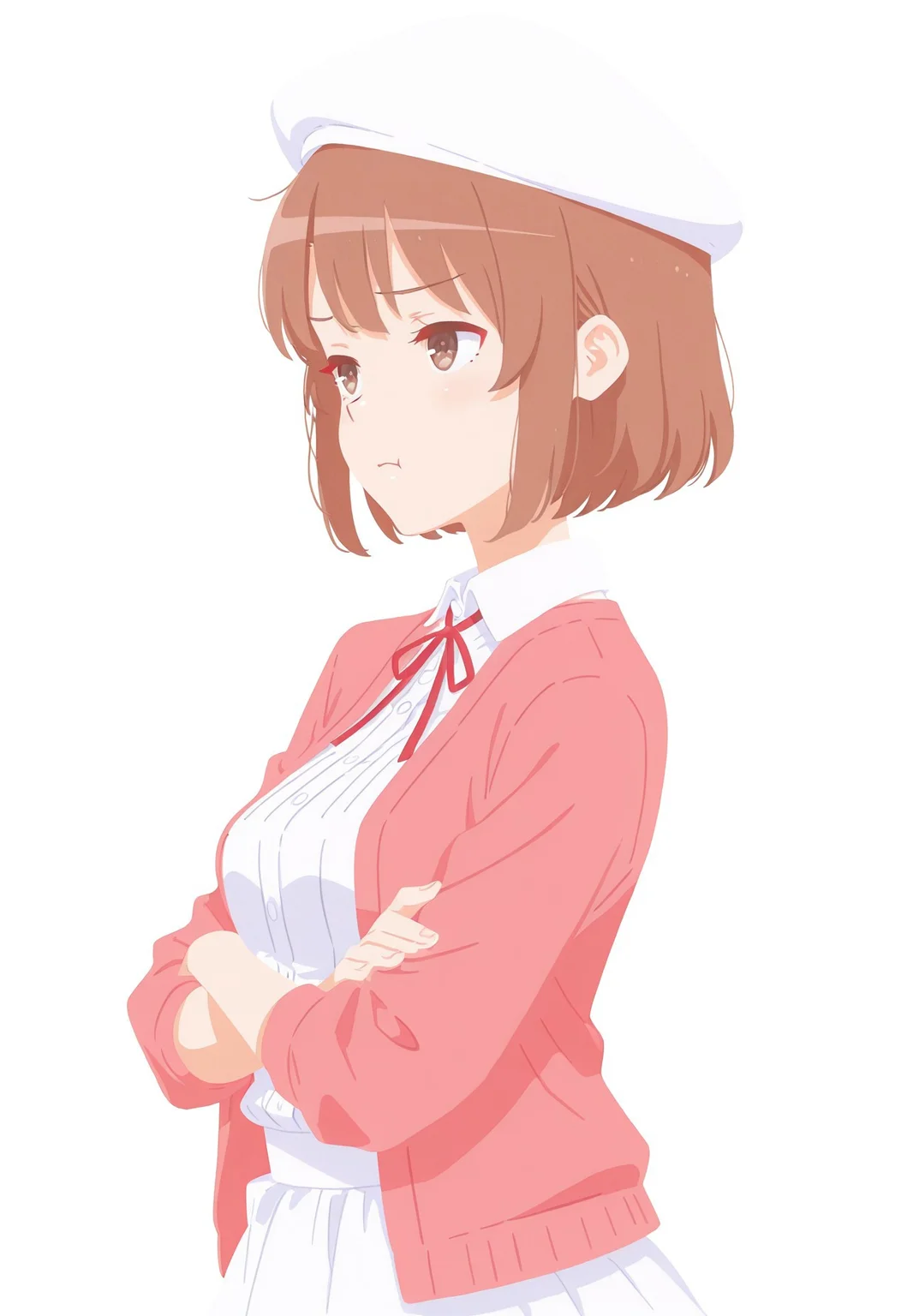 safe_pos, 1girl, solo, katomegumi,brown hair,brown eyes,medium breasts,short hair, cute, anime illustration, short hair,white shirt,collared shirt,beret,white headwear,pink cardigan,open cardigan,(white skirt,frilled skirt), normal anatomy, (huffy expression, pout, arms crossed), (upper body, close-up), side view, ((no lineart, flat colors, bright colors, soft illustration, limited pallet,)), (masterpiece), best quality, 8k,((detailed eyes))