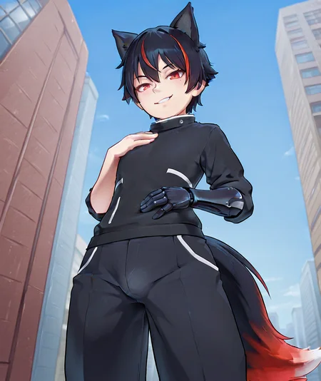 (masterpiece, highres, high quality, best quality:1.2),
1boy, solo, male focus, looking at viewer, cowboy shot, from below, hand on own chest, hand on own stomach, bulge, smirk, naughty face, 
robinaki3, cat ears, multicolored hair, red eyes, red hair, black hair, short hair, streaked hair, two-tone hair, fox tail, black shirt, turtleneck, black pants, long sleeves, one sleeve rolled up,
single mechanical arm, 
(outdoors:1.25), (science fiction:1.1), 
otoko no ko, 
