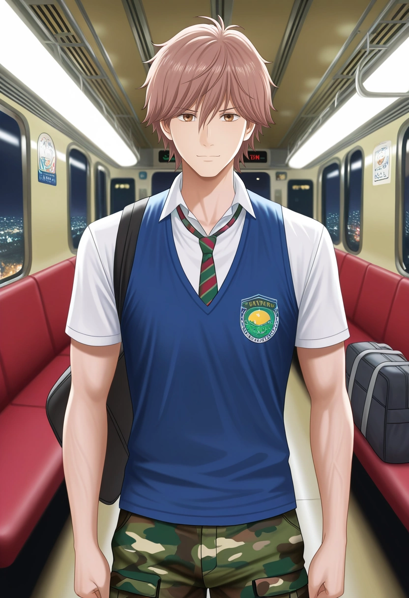 masterpiece, best quality, , semi-realistic, looking at viewer, 1boy, solo, male focus, <lora:taichi_mashima_ilxl:0.9>, taichi_mashima, brown hair, brown eyes, short hair, bangs, hair between eyes, white shirt, collared shirt, striped necktie, subway car, dim lights, rushing tunnels, crowded seats, standing pose, patient expression, urban buzz, Camo cargo pants, Flannel Animal print Muscle tank, , , Travel Bag
