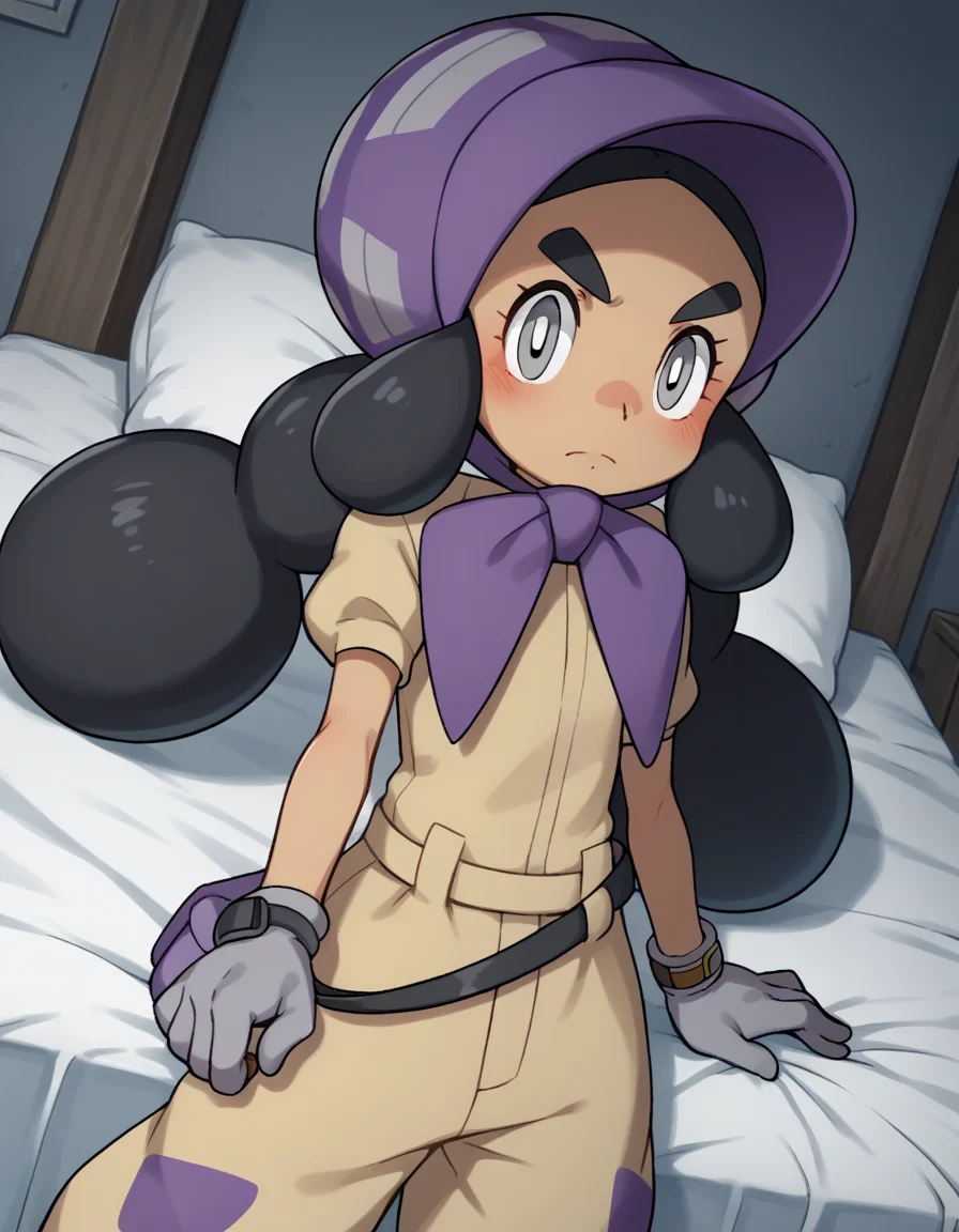 score_9, score_8_up, score_7_up, source_anime,
pokemonhapu, <lora:pokemon-hapu-ponyxl-lora-nochekaiser:1>,
hapu, long hair, black hair, twintails, dark skin, dark-skinned female, grey eyes, thick eyebrows, bright pupils, white pupils,
gloves, short sleeves, belt, black belt, purple headwear, bonnet, grey gloves, jumpsuit,
indoors, bed, bed room, on side, blush, drunk,
looking at viewer, solo, cowboy shot, dutch angle,