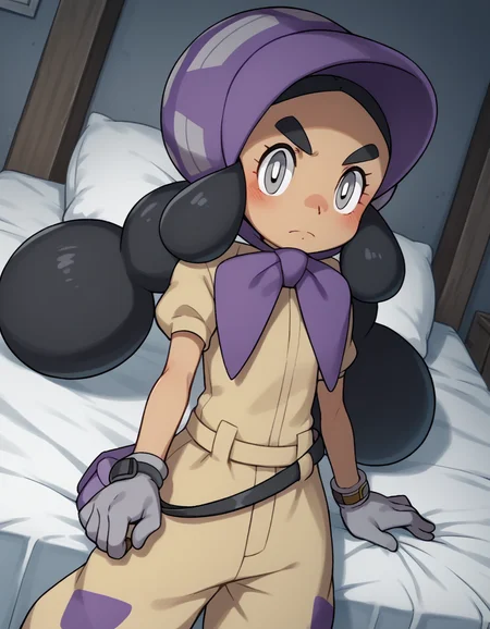 score_9, score_8_up, score_7_up, source_anime,
pokemonhapu, <lora:pokemon-hapu-ponyxl-lora-nochekaiser:1>,
hapu, long hair, black hair, twintails, dark skin, dark-skinned female, grey eyes, thick eyebrows, bright pupils, white pupils,
gloves, short sleeves, belt, black belt, purple headwear, bonnet, grey gloves, jumpsuit,
indoors, bed, bed room, on side, blush, drunk,
looking at viewer, solo, cowboy shot, dutch angle,