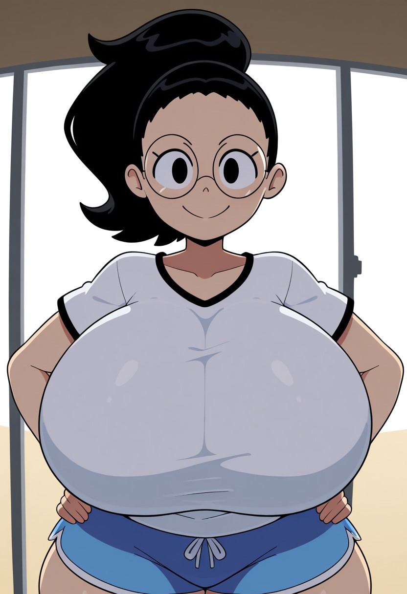 ,white shirt,blue shorts,
black hair,ponytail,round glasses,
huge breast
front view,looking at viewer,smile,hands on hips