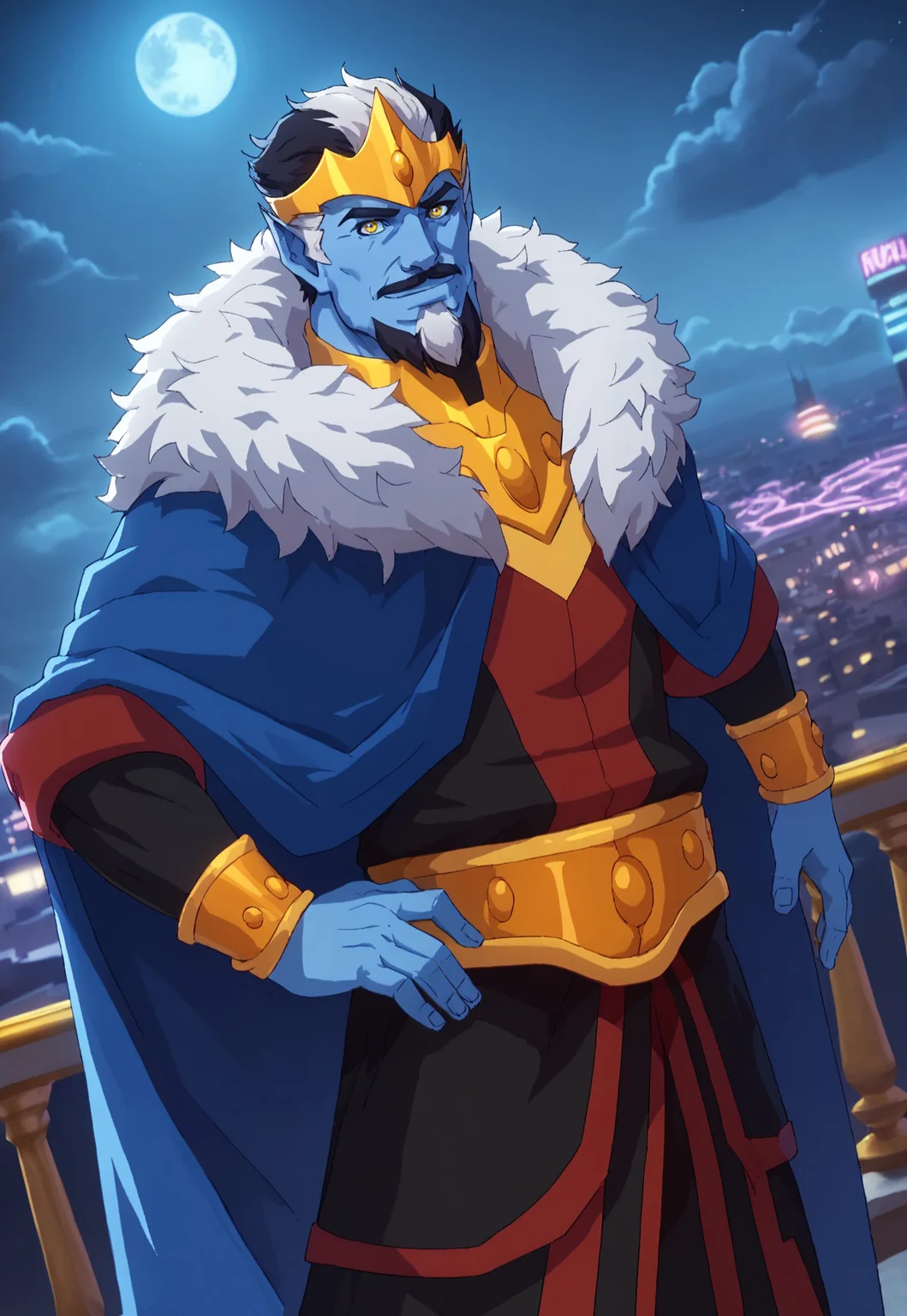 score_9, score_8_up, KeldorHM, blue skin, pointy ears, short hair, two-tone hair, black hair, white hair, yellow eyes, beard, mustache, mature male, crown, blue cape, fur trim, robe, wristband, gold belt, looking at viewer, smile, dynamic pose, detailed background, dutch angle, balcony, sci-fi city, night, clouds, neon lights, bloom, moon, hand on hip,