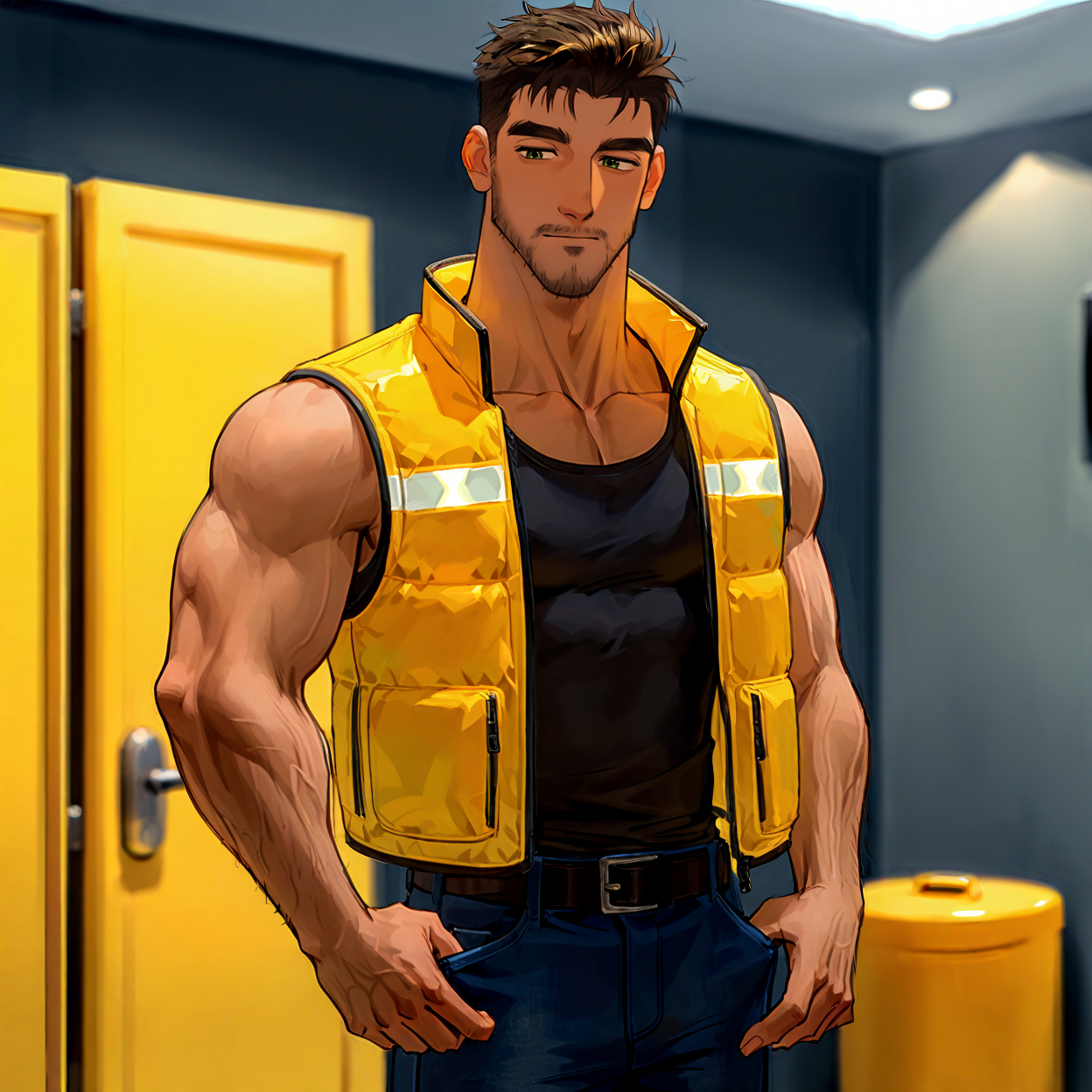 <lora:d35c7464-2c4d-4bd5-8be0-68666f1d6402.TA_trained:.7>, (coralderek,brown hair,green eyes,short hair,facial hair,thick eyebrows, yellow construction vest, tank top, jeans, belt)
cowboy shot, standing, 
(very short hair, beard, bara, mature, facial hair, stubble, beard, full beard, sideburn, beard, a lot of beard, ), facial hair,male focus, muscular male, muscular male, bara, mature,  bara, mature, aixiwuganda_(20222192), very awa, masterpiece, best quality, absurdres, newest, perfect quality, detailed background, intricate details,
<lora:slider_Body Type_alpha1.0_rank4_noxattn_last:3><lora:Anime Summer Days 2 Style SDXL_LoRA_Pony Diffusion V6 XL:.6><lora:slider_cfg_scale_boost:.7><lora:Artist6p:.55>, Artist6p, Artist04p,<lora:slider_il_brightness_slider_d1:-1><lora:slider_il_contrast_slider_d1:-1><lora:slider_DarkSlider1.2_alpha1.0_rank16_full_300steps:-.6><lora:slider_contract_controller_illus01_v1:.25>, <lora:addon_illustriousXLv01_stabilizer_v1.121:.5>