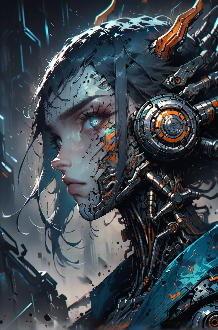 biomechanical cyberpunk <lora:Neon_Splash_Art_for_Pony:0.9> one girl, haughty expression, raised chin, bob, horns, selective blue, cyberpunk, looking at viewer, heavy tones, detail, dark background, dramatic, front view <lora:OverallDetail:1> <lora:Sinozick_Style_XL_Pony:0.5> <lora:Desolation:0.3> <lora:mgxt:1> . cybernetics, human-machine fusion, dystopian, organic meets artificial, dark, intricate, highly detailed
