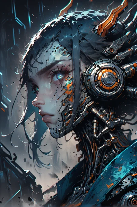 biomechanical cyberpunk <lora:Neon_Splash_Art_for_Pony:0.9> one girl, haughty expression, raised chin, bob, horns, selective blue, cyberpunk, looking at viewer, heavy tones, detail, dark background, dramatic, front view <lora:OverallDetail:1> <lora:Sinozick_Style_XL_Pony:0.5> <lora:Desolation:0.3> <lora:mgxt:1> . cybernetics, human-machine fusion, dystopian, organic meets artificial, dark, intricate, highly detailed