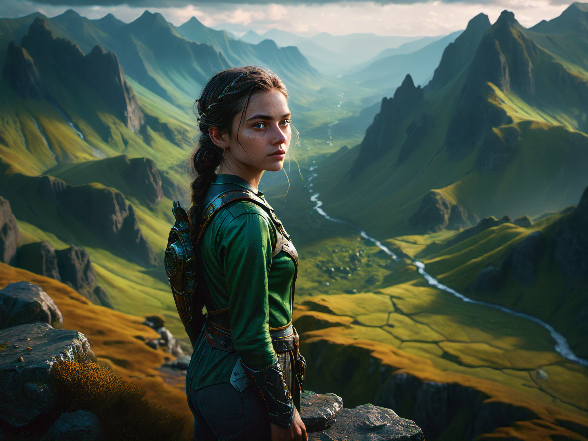Sharp focus, big depth of field, Masterpiece, colors, 3d octane render, 4k, concept art, trending on artstation, hyperrealistic, Vivid colors, extremely detailed CG unity 8k wallpaper, trending on CGSociety, Intricate, High Detail, dramatic,

standing on a precipice, a beautiful girl, 22yo, modern adventurer, mystical, fantasy, green valley in the background, by Erik Almas,

<lora:RMSDXL_Enhance:1>,
<lora:add-detail-xl:0.8>,
<lora:RMSDXL_Darkness_Cinema:1>,

