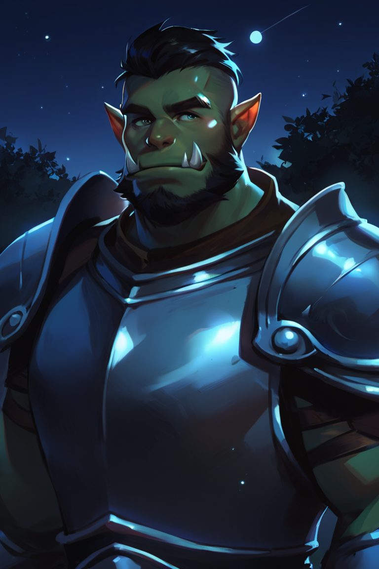 score_9, score_8_up, score_7_up, solo, male focus, mature male, orc, green skin, tusks, beard, outdoors, armor, looking at viewer, shoulder armor, breastplate, upper body, closed mouth, pauldrons, night, night sky, standing  <lora:Smooth Anime Night Style SDXL_LoRA_Pony Diffusion V6 XL:1>