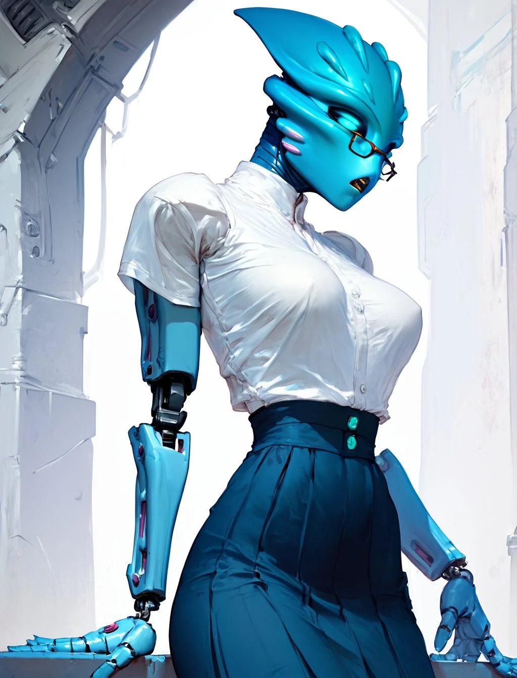 score_9, score_8_up, score_7_up,
beautiful athletic nokama, robot, white shirt, skirt, glasses, blue eyes, 1girl, standing, sexy, long and slender body, blue skin,
<lora:cutesexyronutts_style_xl:1> <lora:Nokama:0.9> <lora:Fant5yP0ny:0.5>