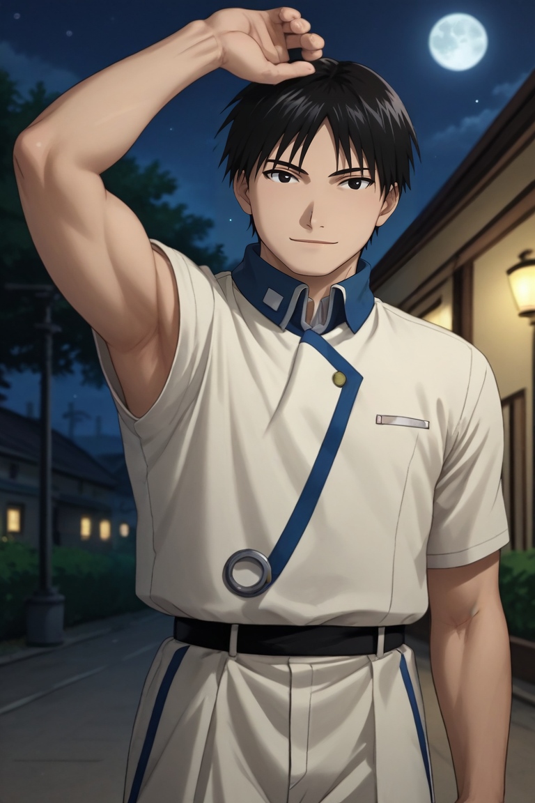 score_9, score_8_up, score_7_up, source_anime, rating_safe, intricate details, (realistic:0.6), looking at viewer, depth of field, 1boy, solo, male focus, <lora:roy_mustang_pony:0.98>, roy_mustang, black hair, black eyes, straight-on, apartment, night, full moon, arm up, happy, robot costume, <lora:sdxl_lightning_8step_lora:1>
