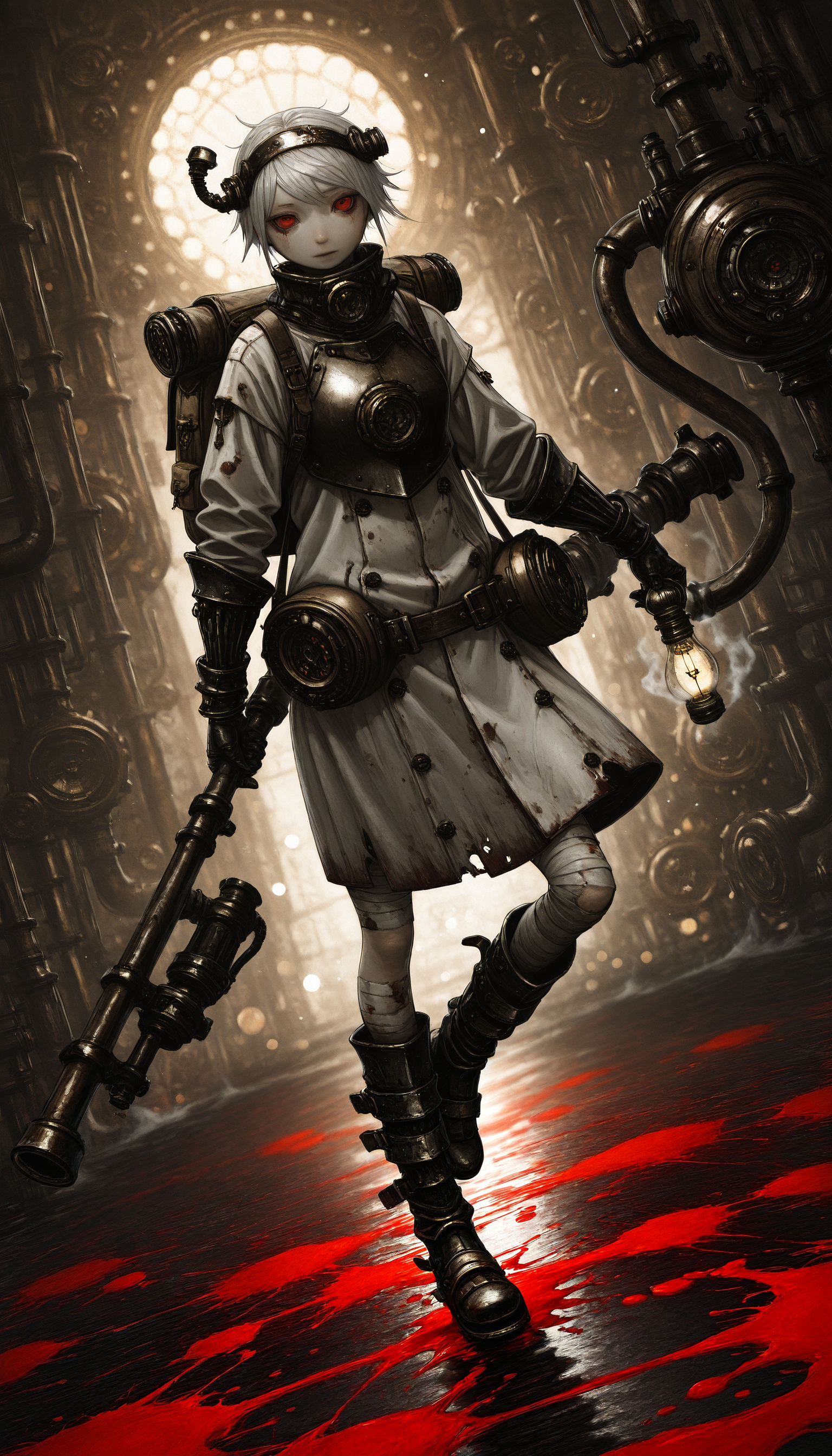 (AGM-Illu, best quality, abstract, steampunk, abstract_background, surreal, science_fiction, photoshop_(medium), original, horror_(theme), traditional_media, ink_splatter, blood_splatter, splatter_background, bokeh, HDR, contrapposto, dutch angle, depth of field) 
((yuba_no_shirushi 1girl armor armored_boots backpack bag bandages boots breastplate cable coat copyright_name cyborg empty_eyes full_body gauntlets gun hairband holding holding_weapon industrial_pipe light_bulb looking_at_viewer red_eyes short_hair solo standing standing_on_one_leg steam steampunk tag torn_clothes weapon white_hair))