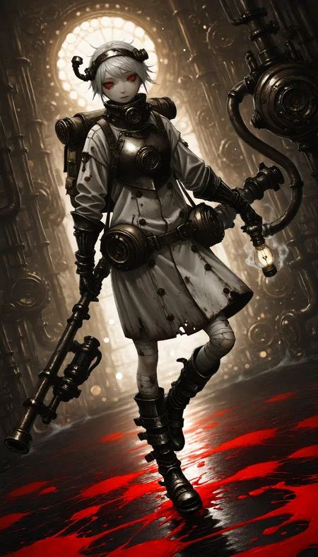 (AGM-Illu, best quality, abstract, steampunk, abstract_background, surreal, science_fiction, photoshop_(medium), original, horror_(theme), traditional_media, ink_splatter, blood_splatter, splatter_background, bokeh, HDR, contrapposto, dutch angle, depth of field)
((yuba_no_shirushi 1girl armor armored_boots backpack bag bandages boots breastplate cable coat copyright_name cyborg empty_eyes full_body gauntlets gun hairband holding holding_weapon industrial_pipe light_bulb looking_at_viewer red_eyes short_hair solo standing standing_on_one_leg steam steampunk tag torn_clothes weapon white_hair))