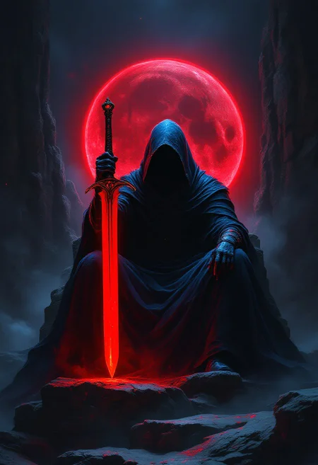 A striking digital painting of a cloaked figure, evoking the essence of a dark lord or king, seated upon a rocky throne illuminated by the blood-red glow of a lunar eclipse. The figure clutches a menacing red-bladed sword with an unwavering grip, exuding an aura of ominous power and foreboding. The chiaroscuro lighting highlights the red blade and moon, while the desaturated color palette, punctuated by crimson accents, captures the dark and moody atmosphere. Swirling smoke and mist envelop the figure, adding to the eerie ambiance. The highly detailed textures on the clothing and sword starkly contrast the rough, rocky background, creating a sense of depth and isolation. The wide-angle lens simulation and 4k resolution elevate the cinematic quality of this dark fantasy scene, drawing inspiration from the, cinematic, dark fantasy