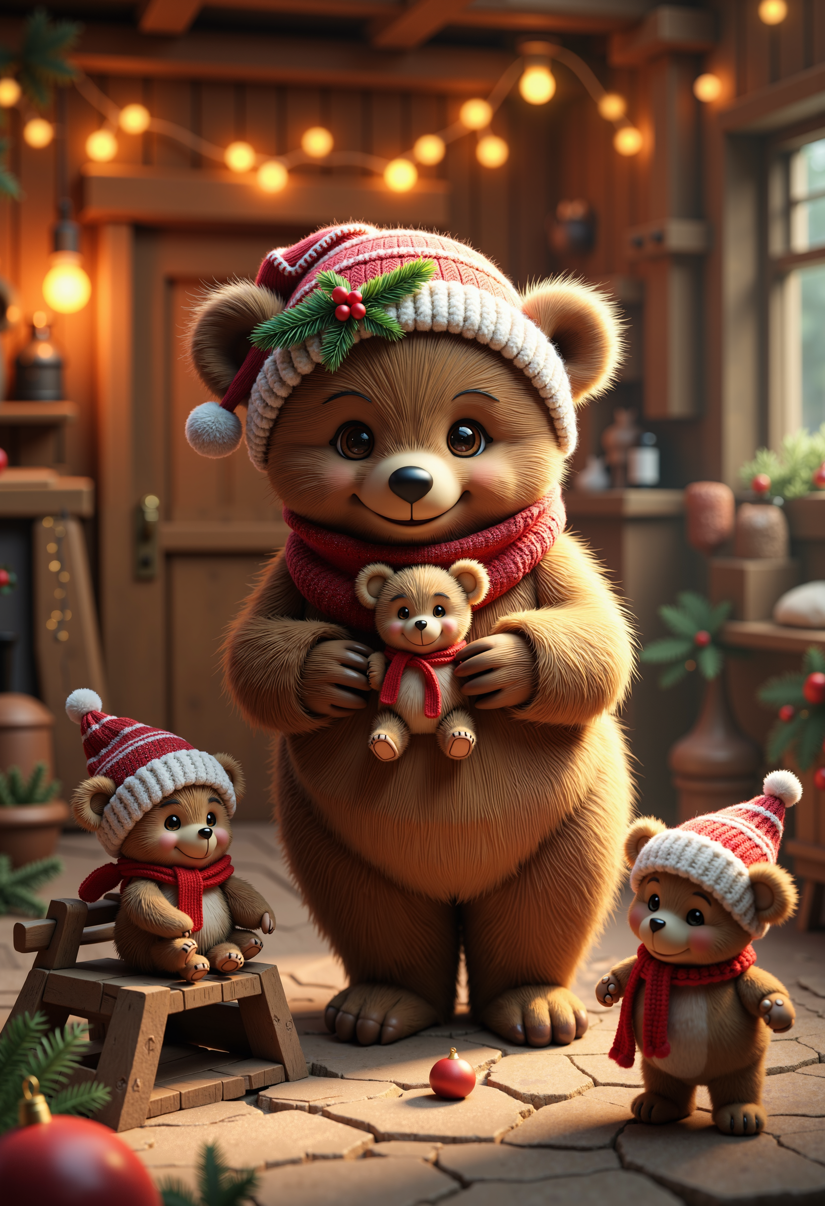 bo-christmas, christmas mood, magical christmas, a highly detailed cgi rendering of a cozy, rustic setting, the central focus is a large, brown bear standing on a wooden ladder, wearing a red and white knitted hat with a green wreath, the bear's fur is soft and fluffy, and its expression is warm and inviting, surrounding the bear are three smaller teddy bears, all wearing similar knitted hats with red ribbons and scarves, the larger bear stands on the ladder, holding a small teddy bear in its left hand, the smaller bear on the left is standing on its hind legs, looking at the larger one with a gentle smile, the background features a wooden interior with warm, glowing fairy lights strung from the ceiling, creating a cozy ambiance, the overall color palette is warm, with earthy tones and soft, warm lighting, enhancing the cozy, festive atmosphere, the textures are meticulously rendered, giving the image a lifelike quality, and the overall style is reminiscent of classic cgi illustrations, with a lettering text:"Christmas Dreams" on the top of the image, high quality, ultra detailed, colorful, abstract, fantasy.<lora:Flux\boFLUX Christmas Dreams.safetensors:1.0:1.0>
