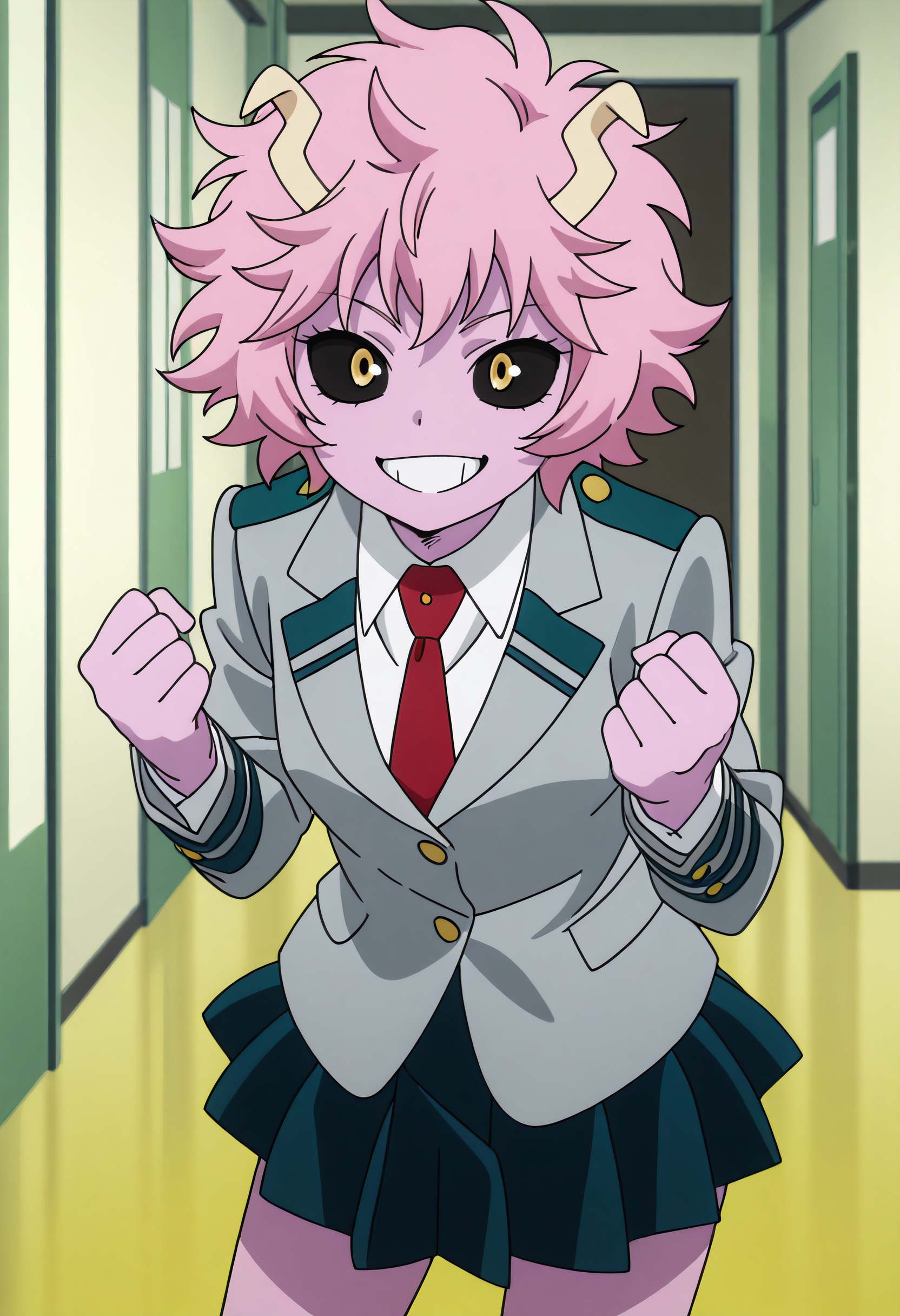 absurdres, masterpiece, best quality, very aesthetic, 1girl, m1n4, pink skin, colored skin, short hair, pink hair, black sclera, yellow eyes, horns, indoors, u.a. school uniform, blazer, grey blazer, collared shirt, white shirt, red necktie, black skirt, pleated skirt, miniskirt, looking at viewer, clenched fists, grin, anime screencap, solo, <lora:Mina_Ashido-My_Hero_Academia-ilibibu-IL-v1:0.8>