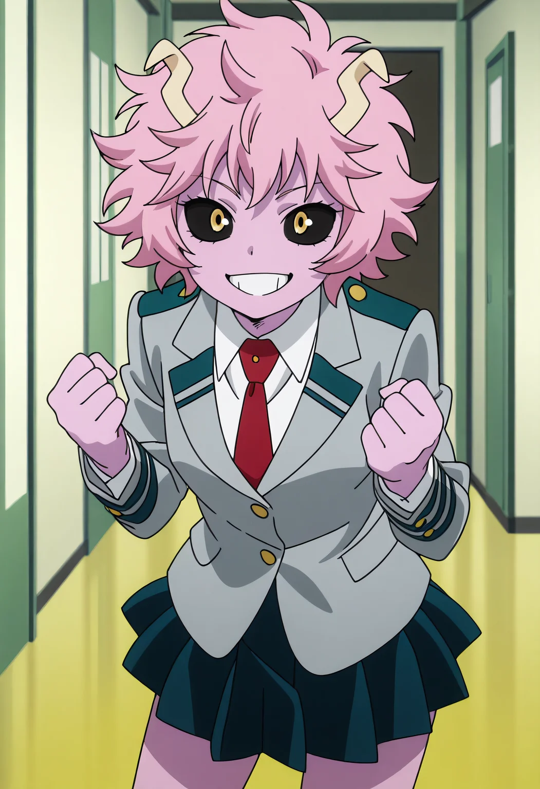 absurdres, masterpiece, best quality, very aesthetic, 1girl, m1n4, pink skin, colored skin, short hair, pink hair, black sclera, yellow eyes, horns, indoors, u.a. school uniform, blazer, grey blazer, collared shirt, white shirt, red necktie, black skirt, pleated skirt, miniskirt, looking at viewer, clenched fists, grin, anime screencap, solo, <lora:Mina_Ashido-My_Hero_Academia-ilibibu-IL-v1:0.8>