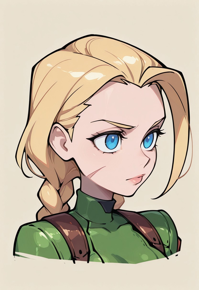 {{masterpiece,best quality,amazing quality,absurdres}}, {{flat shading, cel shading}}, 
BREAK
1girl, solo, simple background, portrait, upper body, cammy white