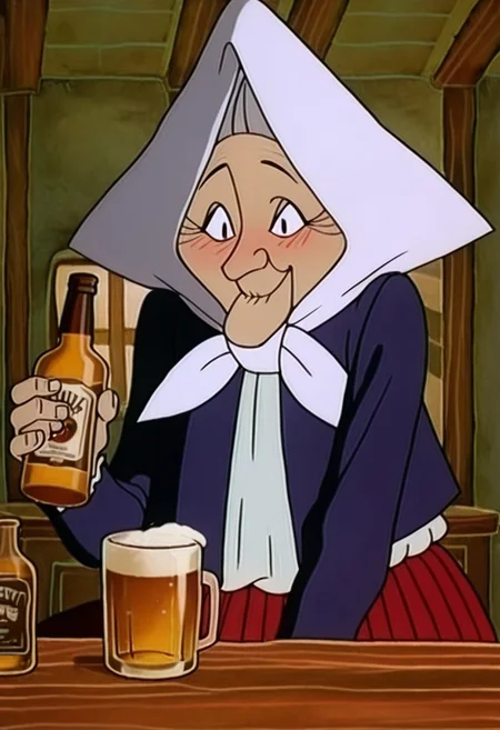 source_anime, BREAK, 1girl, solo, (( <lora:babineni:1> , babineni, old woman, mature female, gilf, granny, aged female, light wrinkles on cheek, old lady, granny, elderly woman, elderly village woman, silver hair, wrinkled cheerful face, friendly black eyes, bright pupils, beautiful eyes, )) , ((wide triangular white bonnet tied under the chin, navy blouse with white lace trim, long red skirt with pleats and black accents, )) , embarrassed, confused smile, fancy restaurant, sitting, few whiskey bottle on table, few beer bottle on table, few glass with beer on table, tipsy, drunk, blushing, closed mouth,