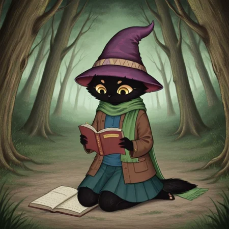 1girl,black fur,yellow eyes,purple pointed hat,brown jacket,green scarf,blue shirt and skirt,Numinosa
numinous woman kneeling in a forest while reading a book