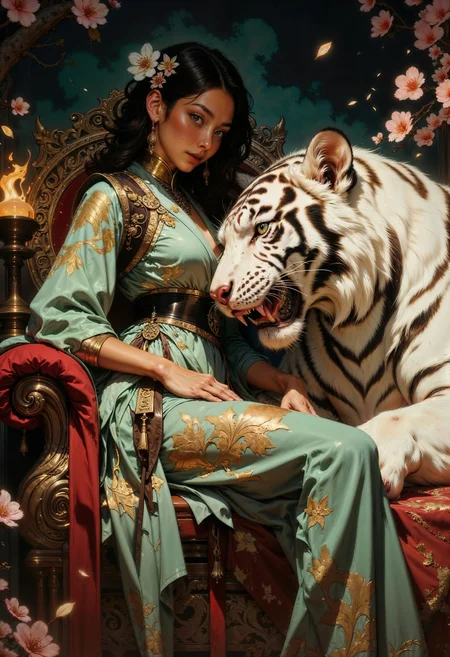 A hyper-realistic portrait of a golden-brown-skinned warrior woman reclining on a throne of carved jade. Her perfect frame is clad in a silk wrap dress patterned with roaring tigers. Curled beside her, taking up half the frame, is a massive white tiger, its fur so finely rendered you can see individual strands glisten under the low firelight. The beast’s ice-blue eyes match the woman’s own—unblinking, regal, utterly untamed. One of her hands rests on the tiger’s head, fingers tangled in its fur, while the other holds a ceremonial dagger dripping with honey (a sacrifice, not a threat). The background is a blur of smoldering incense and falling cherry blossoms, softening the otherwise fierce composition. (Style: Epic fantasy portraiture, rich colors, cinematic lighting.)