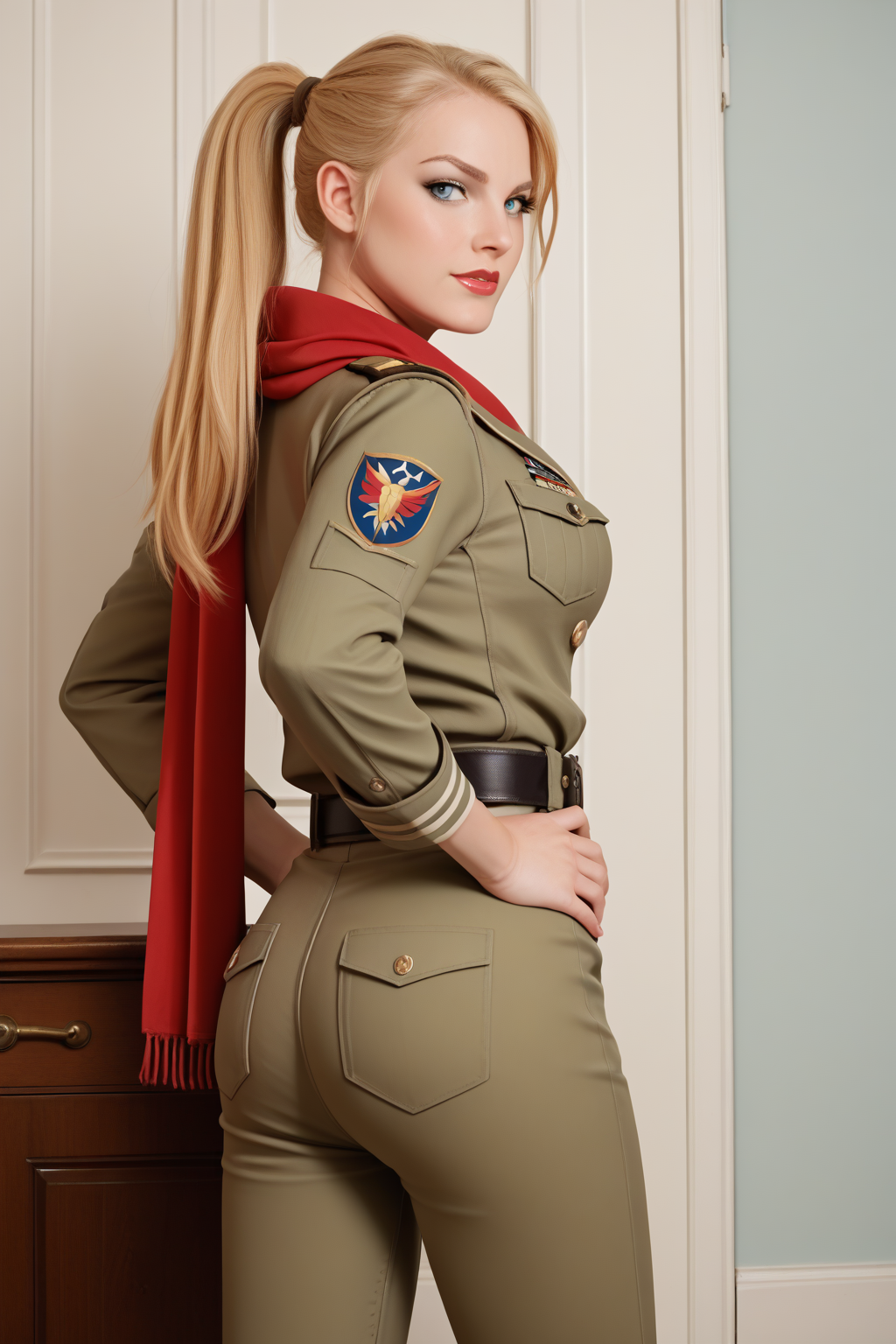 source_cartoon, source_real, score_9, score_8_up, score_7_up, score_6_up,  <lora:add-detail-xl:1>, raytracing, absurd, intricate, ((zPDXL2)), (absurd resolution, perfect anatomy, cowboy shot) BREAK <lora:Ms_Marvel:0.8> carol danvers, long hair, blonde hair, ponytail, blue eyes, flirting, raised eyebrow, ((looking back at viewer)), scarf, uniform, military uniform, belt, pants, lipstick, makeup, large breasts, toned, athletic, thigh gap, sexually suggestive, standing, hands on hip, in futuristic military base, indoors
