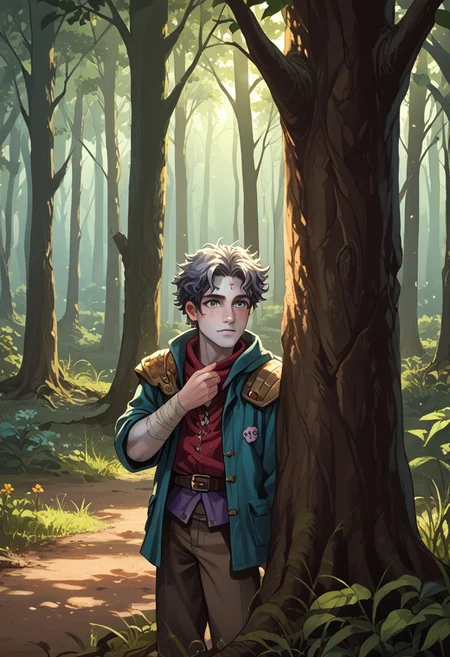 score_9, score_8_up, score_7_up, score_6_up, source_cartoon, Сhangeling, 1child, 1kid, 1baby, solo, pale grey skin, hiding, behind a large tree, enchanted forest, playing hide-and-seek, freckled boy, messy hair, crouch, playful but cautious expression, holding breath, patchwork clothing, slightly tattered, small magical traces, glimmering footprints, faint trail of sparkles, sunlight filters through glowing leaves, casting dappled light and long shadows, whimsical mysterious atmosphere, like wonder, fairytale fantasy, soft lighting, highly detailed, emotionally expressive, warm and magical, cowboy shot