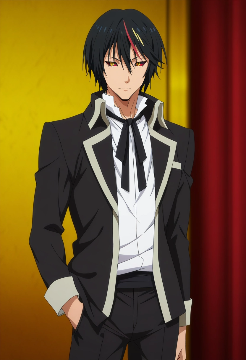 masterpiece, best quality, anime screencap, official style, anime coloring, cowboy shot, 1boy, solo, male focus, <lora:diablo_tensura_ilxl:0.92>, diablo_tensura, black hair, yellow eyes, multicolored hair, streaked hair, red hair, hair between eyes, colored sclera, black jacket, black ribbon, white shirt, black pants, ,