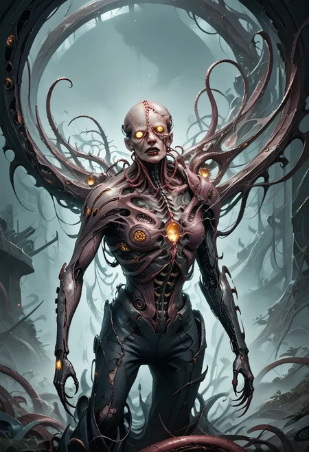 biomechanical, score_9, score_8_up, score_7_up, score_6_up, score_5_up, very aesthetic, fleshmutant, science fiction, mechanical parts, biohazard, glow, cyberpunk, biopunk, A towering celestial entity of biomechanical design, both divine and nightmarish in form. Countless metallic wings, layered like blades of a great machine, extend from its back in a shifting halo of luminous, golden-steel feathers, each one inscribed with ever-changing scripture. A writhing mass of interlocking rings and shifting, eye-covered plates forms its core, spinning in synchronized, unsettling perfection. Every eye glows with an otherworldly radiance, unblinking and omniscient, their gaze piercing through the soul. Tubes and sinewy cables weave through its body, pulsing with strange, ethereal fluids, sustaining its impossible existence between flesh and divine machinery. Its voice is a chorus of overlapping frequencies, both holy and inhuman, resonating with commands that shake reality itself. Beneath its many wings, glimpses of elongated tentacles—part organic, part metallic—move with eerie precision, each finger tipped with delicate, needle-like extensions. The presence of the entity is overwhelming, evoking awe and terror, as if reality itself strains to comprehend its form. The backdrop is a sky torn apart by radiant fractal light, where the fabric of existence bends in reverence to its impossible holiness.