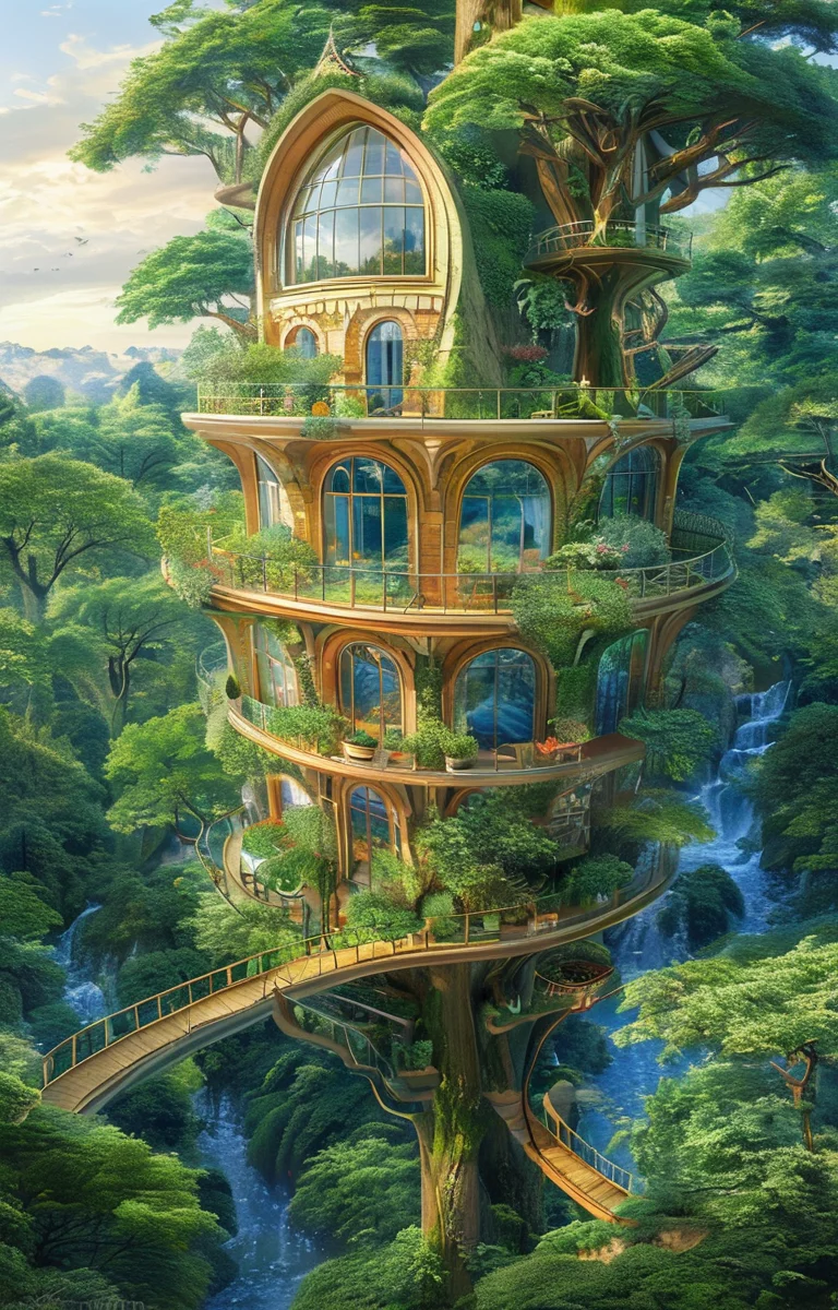 masterpiece,best quality,<lora:tbh303-sdxl:0.9>,illustration,designed by Vincent Callebaut Whimsical treehouse complex in a lush forest, channeling the spirit of Antoni Gaudí