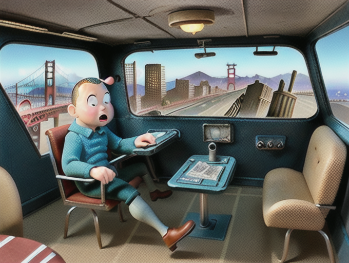 chaotic stunning San Francisco, (style of tin tin comics), pen and ink,retro-futuristic